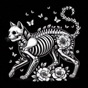 Skeleton Cat Digital Art – Spooky Cat Illustration – Printable Wall Art