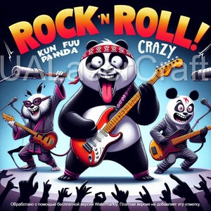 Arte digital de la banda de rock Kung Fu Panda: ilustración divertida de un panda: arte mural imprimible