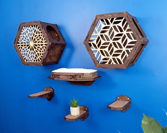 Wall-Mounted Cat Shelves Set: Plywood Hexagon Shelves & Steps