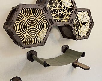 Luxury Cat Furniture Set: Hexagonal Shelves, Hammock & Climbing Steps