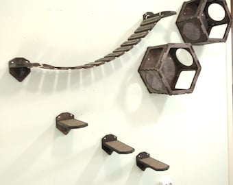Wall-Mounted Cat Climbing Set: Hexagonal Shelves, Rope Bridge