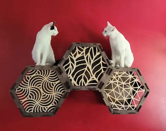 Honeycomb Cat Shelf Set - Modern Wall-Mounted Hexagon Furniture for Cats - Decorative Grid Cat Perch