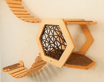 Twin Bridges Cat Wall Furniture: Floating Wood Cat Steps & Shelf
