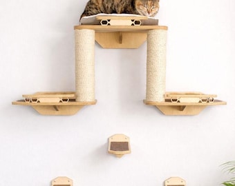 Cat Wall Furniture Set with Sisal Posts – Modular Cat Shelves with Cushion & Steps | Modern Cat Wall Shelves