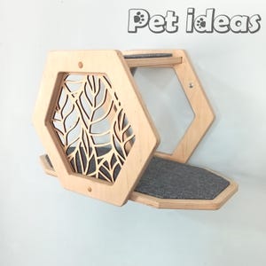 Modern Wall-Mounted Cat Shelves Set – Double Cat Perches with Hexagon Connectors, Anti-Slip Mats & Decorative Grid for Cat Name