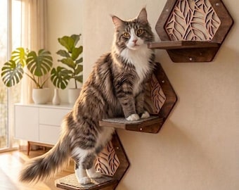 Escalón de pared hexagonal para gatos con alfombra - Estante flotante para escalar / Muebles modernos de madera contrachapada para gatos / Escalón antideslizante para gatos en madera clara u oscura