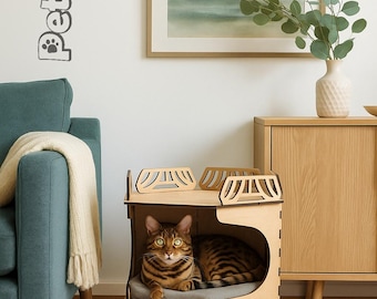 Modern Hexagon Cat House with Legs | Wooden Cat Bed with Cushions | Easy Assembly Cozy Cat Furniture by PetIdeas