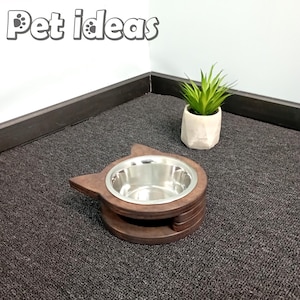 Handmade Cat Head Bowl Stand: Elevated Wooden Feeder with Stainless Steel Bowl