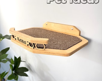 Modern Cat Wall Shelf with Railing – Light Wood Cat Perch | Scandinavian Wall Mounted Cat Bed