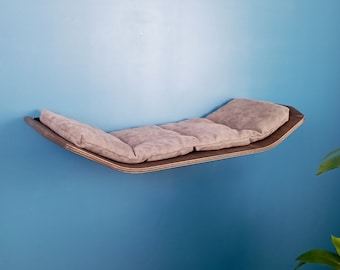 Flytande kattbäddhylla – Böjd trävägghylla med kudde | Moderna väggmöbler för katter | Handgjord PetIdeas-design
