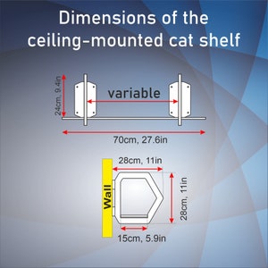 May include: Diagram showing the dimensions of a ceiling-mounted cat shelf. The shelf is 27.6 inches wide and 9.4 inches deep. The shelf is mounted to the ceiling with two brackets. The shelf is also 11 inches high and 5.9 inches wide.