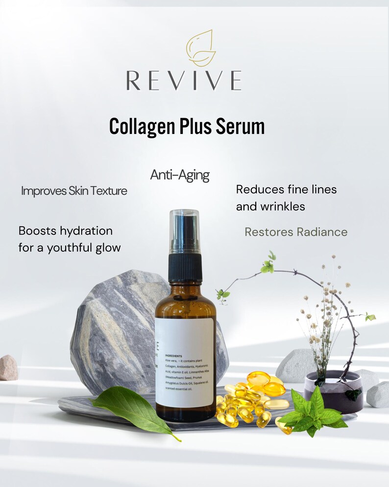 K&ouml;nnte beinhalten: Eine braune Glasflasche Revive Collagen Plus Serum mit schwarzem Spr&uuml;hkopf. Das Bild enth&auml;lt Text mit der Aufschrift "Verbessert die Hautstruktur", "F&ouml;rdert die Feuchtigkeit f&uuml;r einen jugendlichen Glanz", "Anti-Aging", "Reduziert feine Linien und Falten" und "Stellt die Ausstrahlung wieder her".