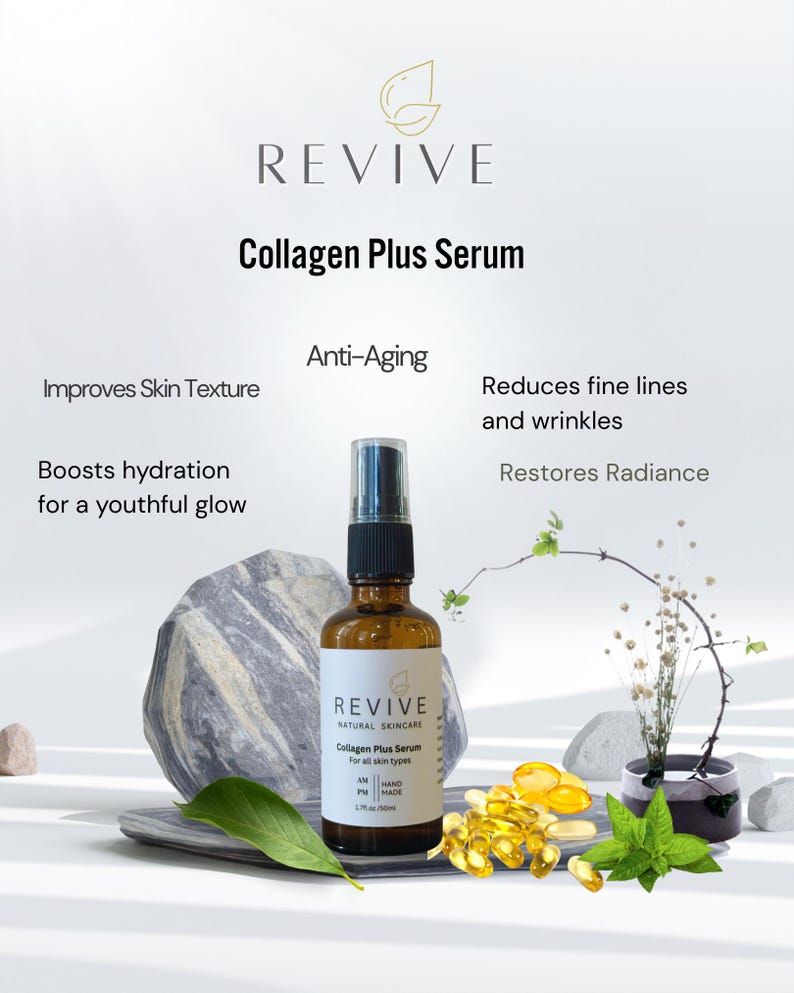 K&ouml;nnte beinhalten: Eine braune Glasflasche Revive Collagen Plus Serum mit schwarzem Spr&uuml;hkopf. Das Etikett lautet "F&uuml;r alle Hauttypen". Das Bild zeigt einen grauen Stein, gr&uuml;ne Bl&auml;tter und gelbe Kapseln, mit Text.