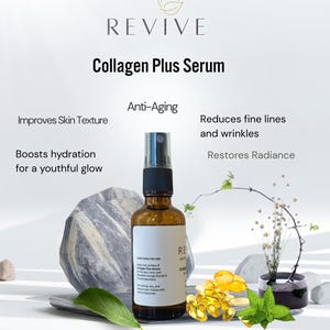 K&ouml;nnte beinhalten: Eine braune Glasflasche Revive Collagen Plus Serum mit schwarzem Spr&uuml;hkopf. Das Bild enth&auml;lt Text mit der Aufschrift "Verbessert die Hautstruktur", "Steigert die Feuchtigkeit f&uuml;r einen jugendlichen Glanz", "Anti-Aging", "Reduziert feine Linien und Falten" und "Stellt die Ausstrahlung wieder her".