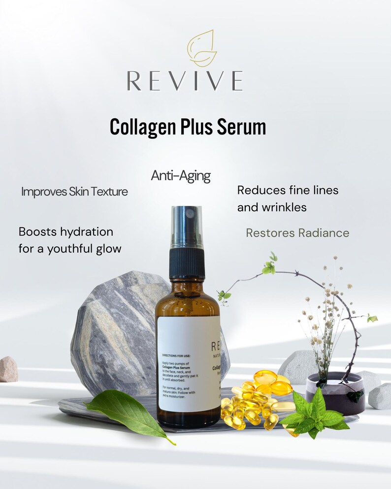 K&ouml;nnte beinhalten: Eine braune Glasflasche Revive Collagen Plus Serum mit schwarzem Spr&uuml;hkopf. Das Bild enth&auml;lt Text mit der Aufschrift "Verbessert die Hautstruktur", "Steigert die Feuchtigkeit f&uuml;r einen jugendlichen Glanz", "Anti-Aging", "Reduziert feine Linien und Falten" und "Stellt die Ausstrahlung wieder her".
