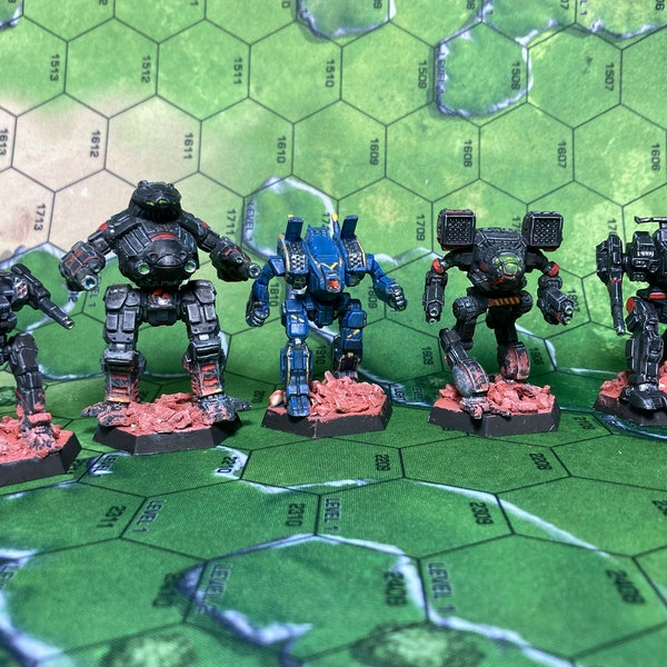 Battletech CGL Wolf’s Dragoons Assault star painted in Dragoon colors with Hero Archer, Annihilator, Timber Wolf, Rifleman & Blackjack