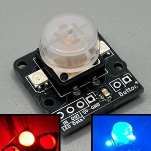 Op de afbeelding: Een zwart circuitboard met een doorzichtige, koepelvormige sensor en een knop. Het bord heeft verschillende kleine LED-lampjes en de tekst "IN OUT 5V GND LED Data". Twee extra afbeeldingen tonen rode en blauwe LED-lampjes.