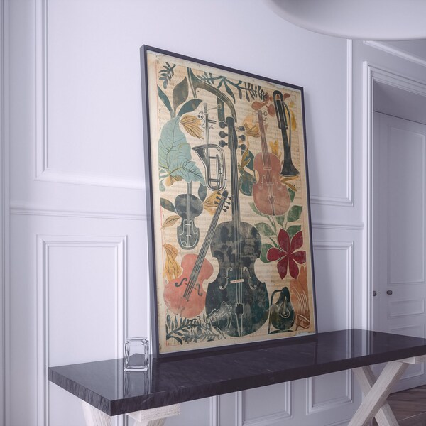 Vintage Musician Poster Art | Guitar Bass Violin Wall Art | Instruments Blockprint Illustration Print Poster