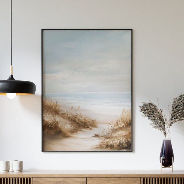 Vintage Neutral Beach Painting | Soft Coastal Landscape Wall Art | Relaxing Holiday Vacation Print | Chillout