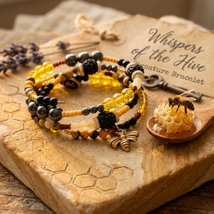 Peut inclure: Un bracelet multi-rangs composé de perles jaunes, noires et gris métallisé avec une breloque abeille dorée. Une étiquette indique Whispers of the Hive Signature Bracelet, accompagné d'une cuillère en bois avec rayon de miel et abeille.