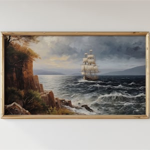 Samsung Frame TV Art - Sailing Ship in Summer - Vintage Landscape - Seaside Painting - Antique Artwork - Digital Download | S023