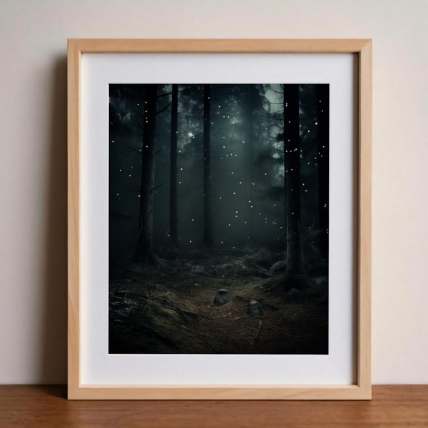 Enchanted Forest Firefly Glow Wall Art, Vintage Rustic Night Scene Print