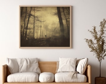 A man wanders around lost in this misty forest, in vintage style, AI Art, Wall Art, Home Decoration