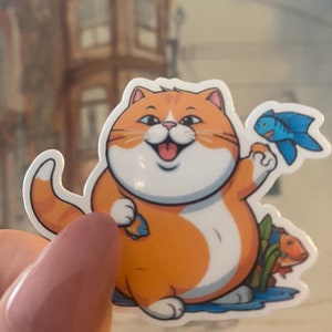 Stickers chats drôles Stickers déco chats oranges en vinyle Stickers chats jouant avec des poissons Chats avec fil Sticker pour ordinateur portable amusant