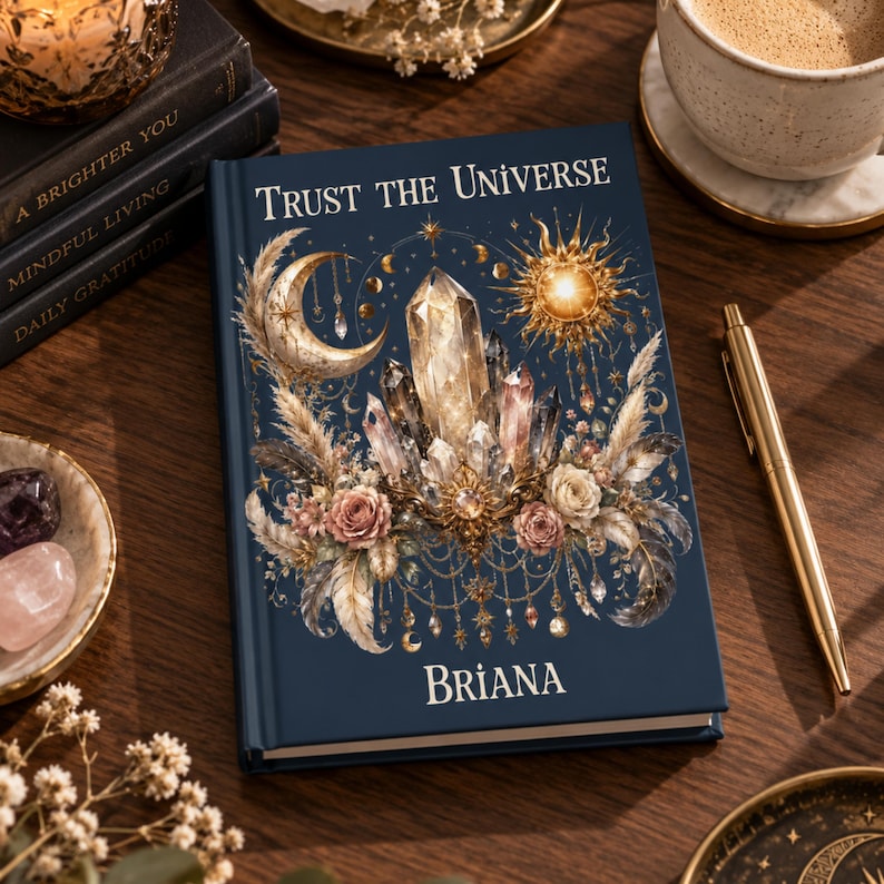 May include: A dark blue hardcover journal featuring the text Trust the Universe and the name Briana. The cover design includes a central cluster of crystals, a golden crescent moon, a radiant sun, delicate flowers, and hanging decorative chains.