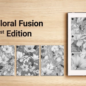 May include: A digital download of four black and white floral patterns. The patterns are arranged in a grid with the title "Floral Fusion 1st Edition" above them.