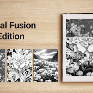 Può includere: Un libro in bianco e nero intitolato "Floral Fusion 4th Edition" con quattro immagini di disegni floreali. Le immagini sono numerate 1, 2, 3 e 4.