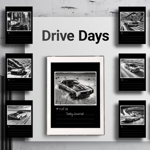 May include: A black and white photo collage of cars in different settings. The collage is titled "Drive Days" and includes the text "#1 of 42 Daily Journal".