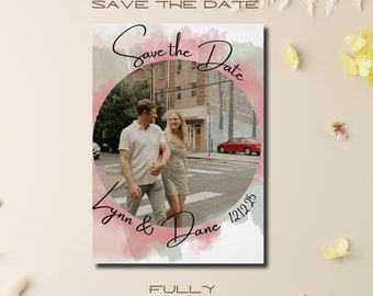 DIY Customizable Photo Save the Date Template - Green and Pink Handwritten Design