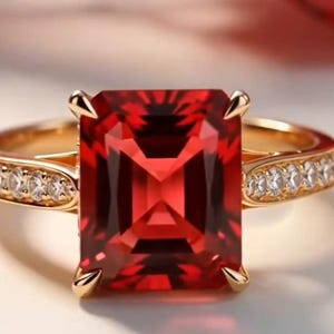 4.00 CT Emerald Cut Garnet Ring, Red Gemstone Engagement Classic Pave Band Trilogy Stack, Modern Statement Gift Anniversary Ring.
