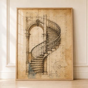 May include: A framed architectural print on aged, tan paper featuring a detailed black ink technical drawing of a spiral staircase set within a grand arched structure. The illustration includes precise measurement lines, geometric notations, and a circular floor plan diagram at the bottom right corner, all presented in a light wood frame.
