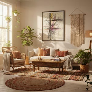 Könnte beinhalten: Ein gemütliches Wohnzimmer mit neutraler Farbpalette. Es verfügt über ein beiges Sofa mit dekorativen Kissen, einen Holztisch und einen Korbsessel. Über dem Sofa hängt eine große gerahmte Karte, und ein Makramee-Wandbehang sorgt für Textur.