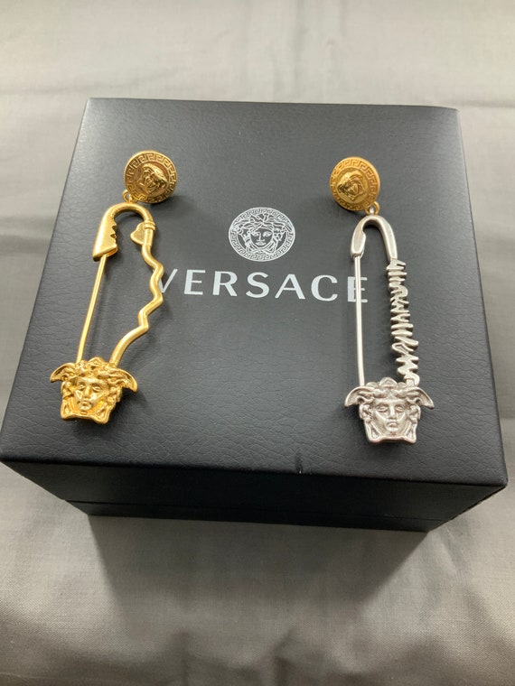 Vintage Versace Gold & Silver Safety pin dangle e… - image 1