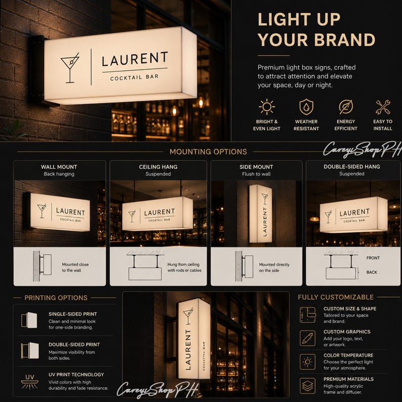 Pode incluir: Uma placa retangular iluminada branca para "LAURENT COCKTAIL BAR" com um logotipo de copo de Martini. A placa &eacute; montada na parede. A imagem tamb&eacute;m mostra diferentes op&ccedil;&otilde;es de montagem e recursos de personaliza&ccedil;&atilde;o.
