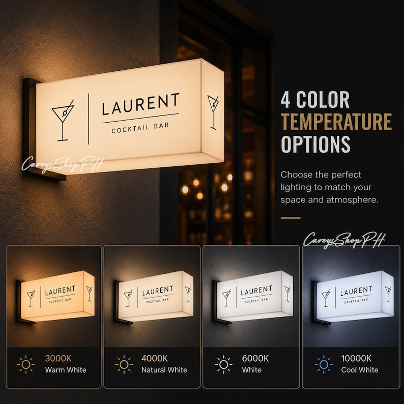 Pode incluir: Letreiro retangular iluminado para "LAURENT COCKTAIL BAR" com um suporte preto. O letreiro exibe um &iacute;cone de copo de Martini e oferece quatro op&ccedil;&otilde;es de temperatura de cor: branco quente, branco natural, branco e branco frio.