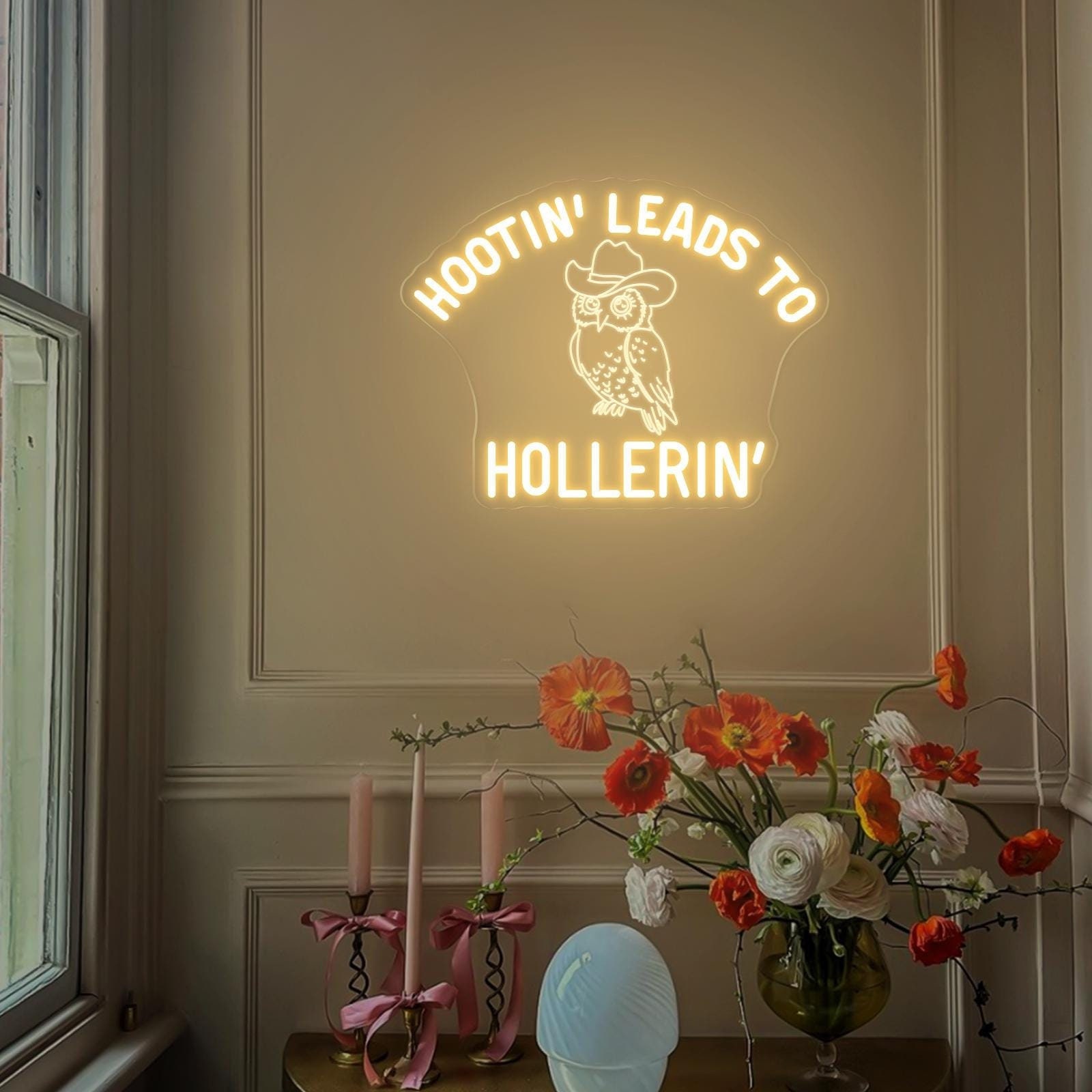 Hootin' Leads to Hollerin' Neon Sign, Cowboy Country Saying Neon, Vintage Western Owl Wall Decor, Funny Sarcastic Room Decor, Gift for Her