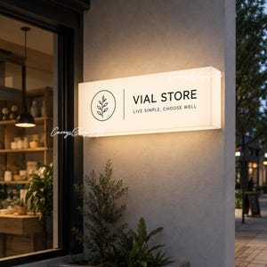 Pode incluir: Letreiro retangular iluminado para uma loja, montado numa parede de bet&atilde;o. O letreiro diz "VIAL STORE" com o slogan "LIVE SIMPLE, CHOOSE WELL". Um log&oacute;tipo circular com um design de planta est&aacute; &agrave; esquerda. A entrada da loja &eacute; vis&iacute;vel no fundo.