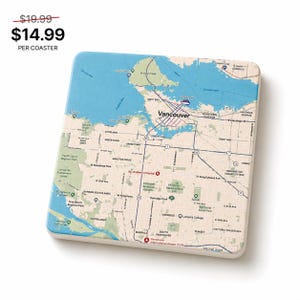 Pode incluir: Base para copos quadrada com um mapa de Vancouver, Canadá, com ruas, parques e pontos de referência. A base para copos tem uma borda branca e uma área de água azul clara. A palavra "Vancouver" é visível. O preço é de 14,99 € por base para copos.