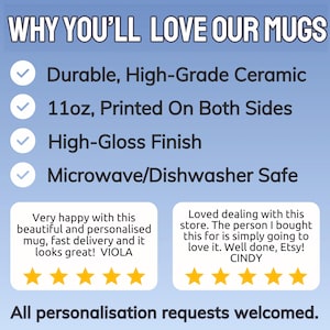 May include: Image promoting mugs, highlighting features like durable ceramic, 11oz size, printed on both sides, high-gloss finish, and microwave/dishwasher safe. Includes customer reviews and states "All personalization requests welcomed."