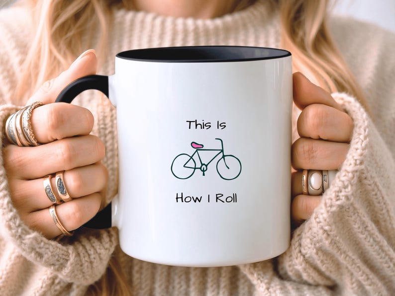 Cycling Gift For Her, Funny Cycling Mug, Minimalist Gift, Gift For Cyclist, Girlfriend Birthday Present, Gift For Wife Ceramic Black