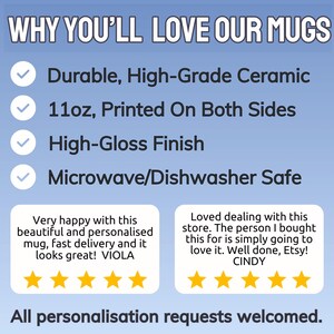 May include: Image promoting mugs, highlighting features like durable ceramic, 11oz size, printed on both sides, high-gloss finish, and microwave/dishwasher safe. Includes customer reviews and states "All personalization requests welcomed."