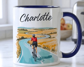 PERSONALISED Cycling Mug, Cycling Gift For Her, Custom Gift For Cyclist, Name Mug, Road Bike Gift, 11oz Ceramic, Five Colours