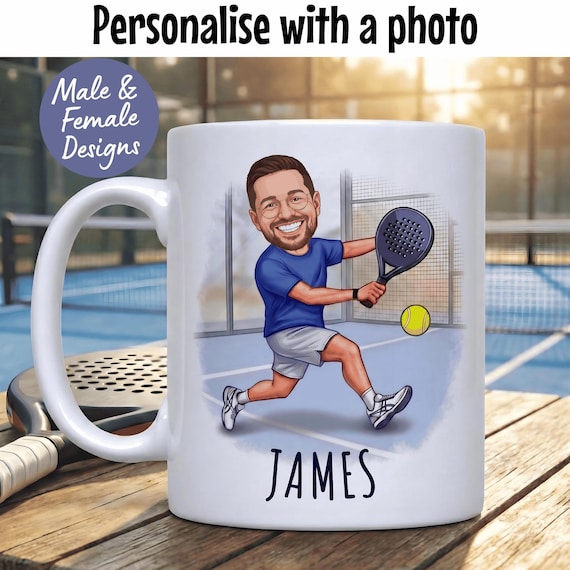 PERSONALISED Padel Mug | Custom Caricature Photo Mug | Funny Padel Gift | Paddle Tennis | 11oz Ceramic | Six Colours