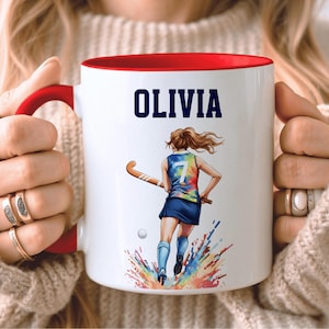 Taza de hockey personalizada, regalo de hockey sobre césped para ella, regalo personalizado para jugador de hockey, nombre y color de pelo, taza de cerámica de 325 ml, cinco colores