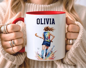 Tazza da hockey personalizzata, regalo di hockey su prato per lei, regalo personalizzato per giocatore di hockey, qualsiasi colore di capelli, tazza in ceramica da 11 once, cinque colori