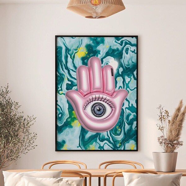 Hamsa Poster, Hand der Fatima Poster - Türkis, Kunstdruck, Moderne Kunst, 3D Kunst, Wandkunst, Motivation, Zeitgenössische Kunst